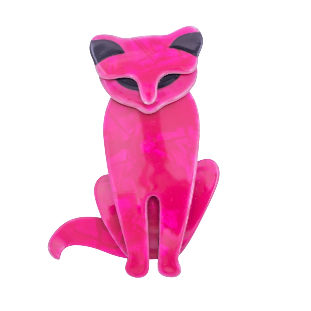 Signed Lea Stein Sacha Cat Brooch - Fuchsia Pink