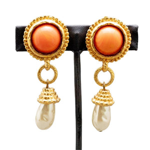 Signed Eduoard Rambaud Faux Coral & Pearl Drop Earrings (Clip-On)
