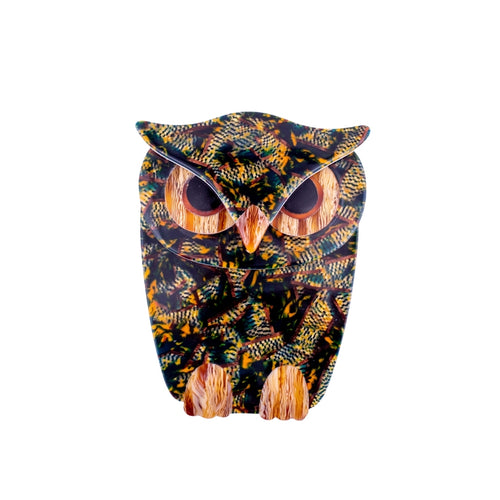 Lea Stein Signed Buba Owl Brooch Pin - Black & Green