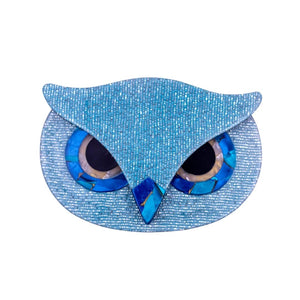 Lea Stein Signed Athena The Owl Head Brooch - Light Blue Sparkle