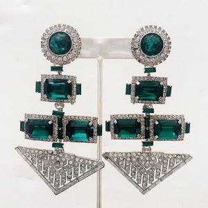 Lawrence VRBA Signed Large Statement Crystal Earrings - Art Deco Shaped Emerald Green