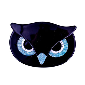 Lea Stein Signed Athena The Owl Head Brooch - Black & Blue Sparkle