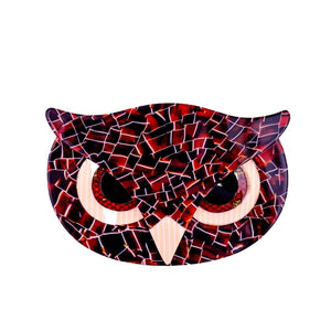 Lea Stein Signed Athena The Owl Head Brooch - Tortoiseshell Cracked Tile Print