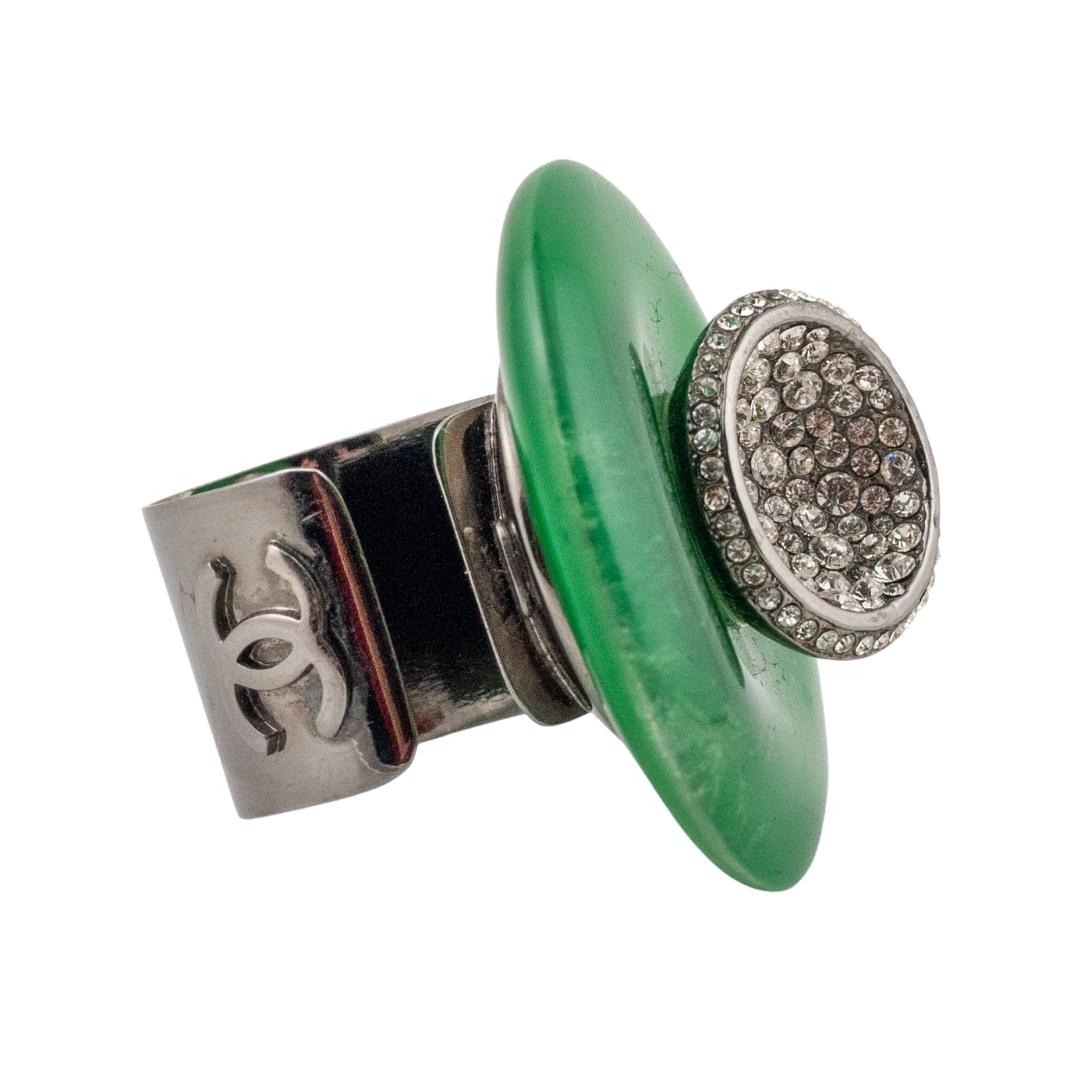 Signed Chanel Green Glass & Clear Crystal Ring