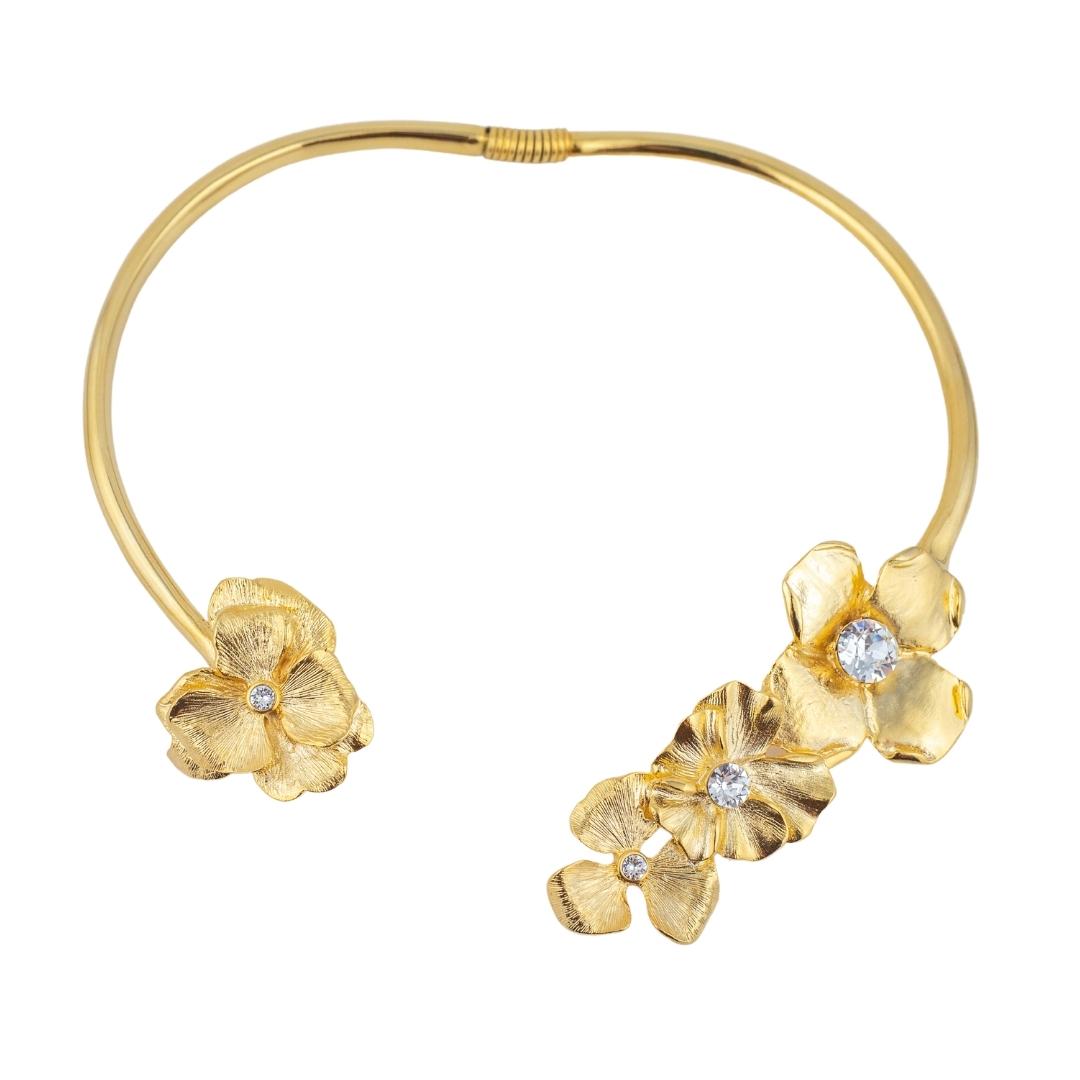 Signed Kenneth Jay Lane Satin Gold Crystal Flower Front Collar Necklace