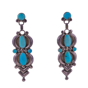Native American Indian Silver & Turquoise Drop Earrings  - (Pierced)