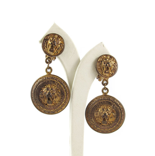 Vintage Lion Head Double Drop Clip-On Earrings