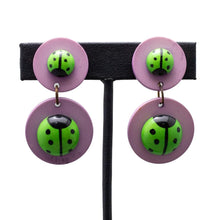 Load image into Gallery viewer, Signed Pavone Purple &amp; Green Lady Bug Earrings (Clip-On)