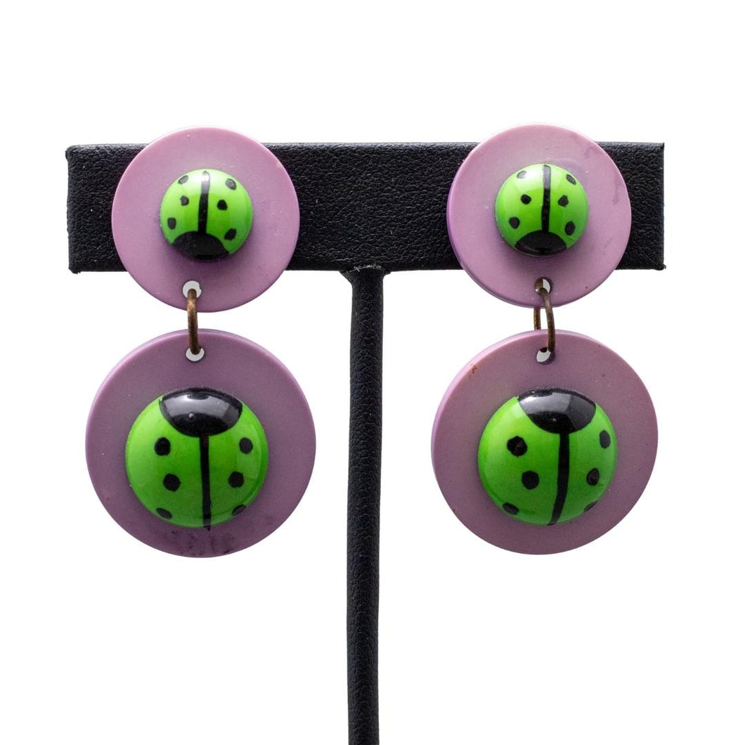 Signed Pavone Purple & Green Lady Bug Earrings (Clip-On)
