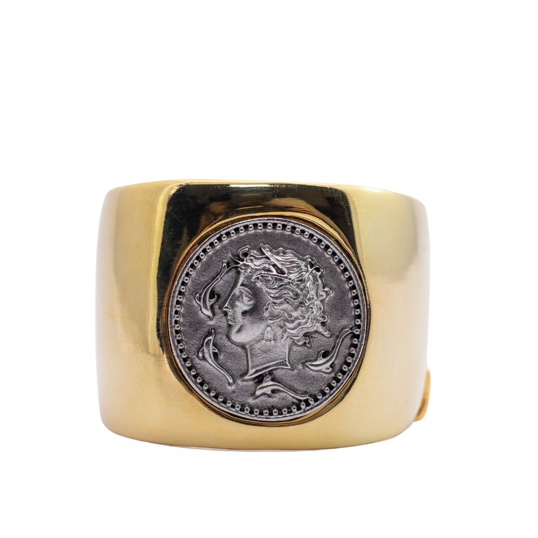 Signed Kenneth Jay Lane Polished Gold & Coin Hinged Cuff