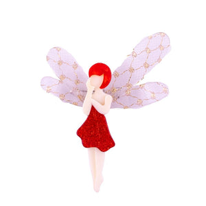 Lea Stein Signed Fairy Brooch - Creme & Red