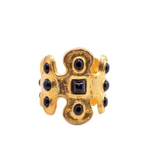 Signed Kenneth Jay Lane Satin Gold & Jet Stones Statement Hinged Cuff