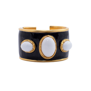 Signed Kenneth Jay Lane Black, White & Gold Plated Hinged Cuff