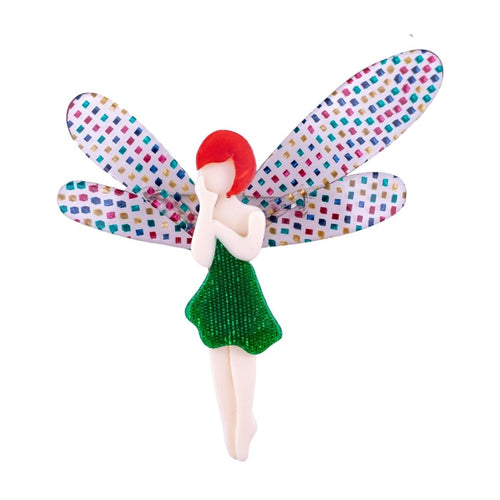 Lea Stein Signed Fairy Brooch - Creme, Green & Multi Colour