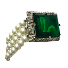 Load image into Gallery viewer, Signed Kenneth J Lane &quot;KJL&quot; Statement Green Emerald Crystal Bracelet with Faux Pearls