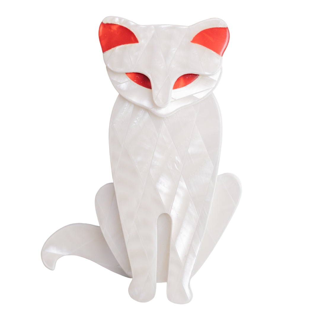 Signed Lea Stein Sacha Cat Brooch - White & Red