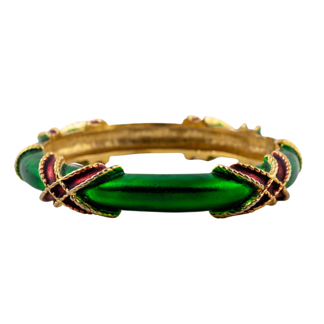 Vintage Green Iridescent Red Enamel Clamper Bangle