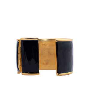 Signed Kenneth Jay Lane Black, White & Gold Plated Hinged Cuff