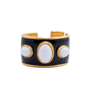 Signed Kenneth Jay Lane Black, White & Gold Plated Hinged Cuff