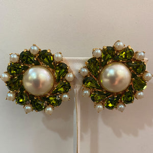 Harlequin Market Green Crystal Earrings with Faux Pearl-(Clip-On Earrings)