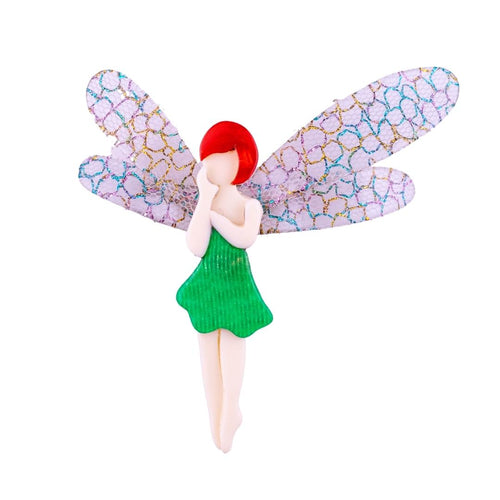 Lea Stein Signed Fairy Brooch - Creme, Green, Red & Multi Colour