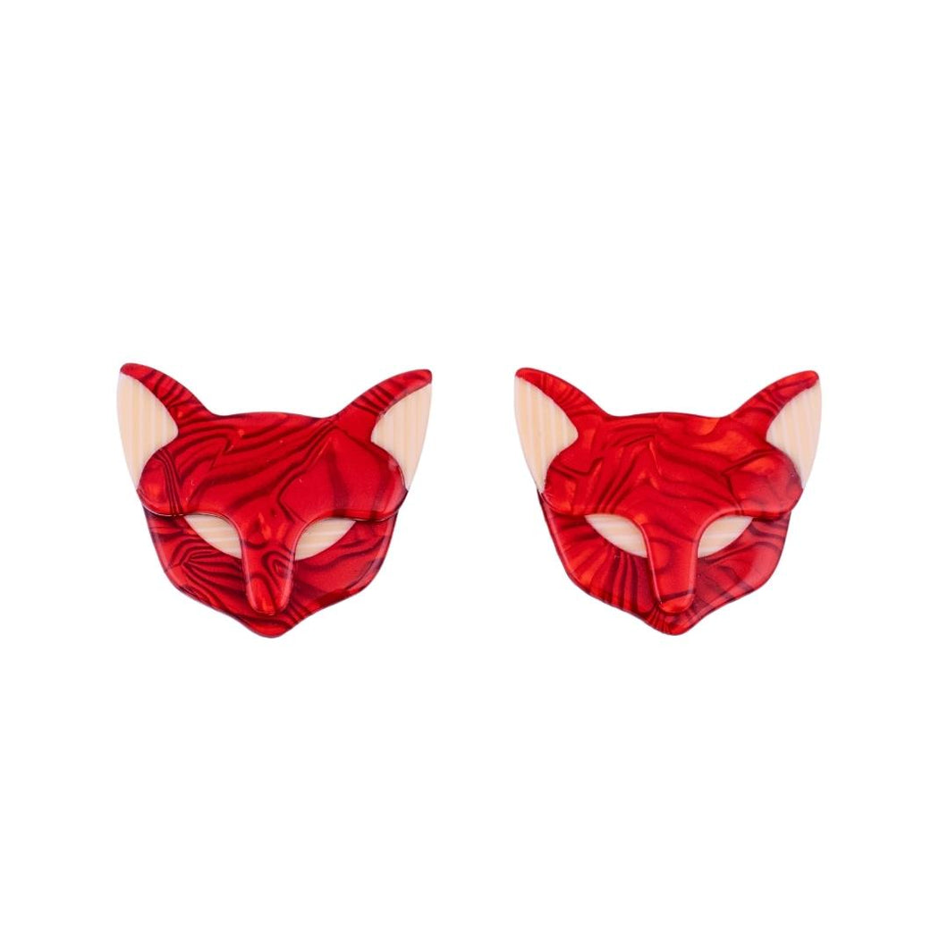 Lea Stein Quarrelsome Cat Earrings - Red Swirl & Creme