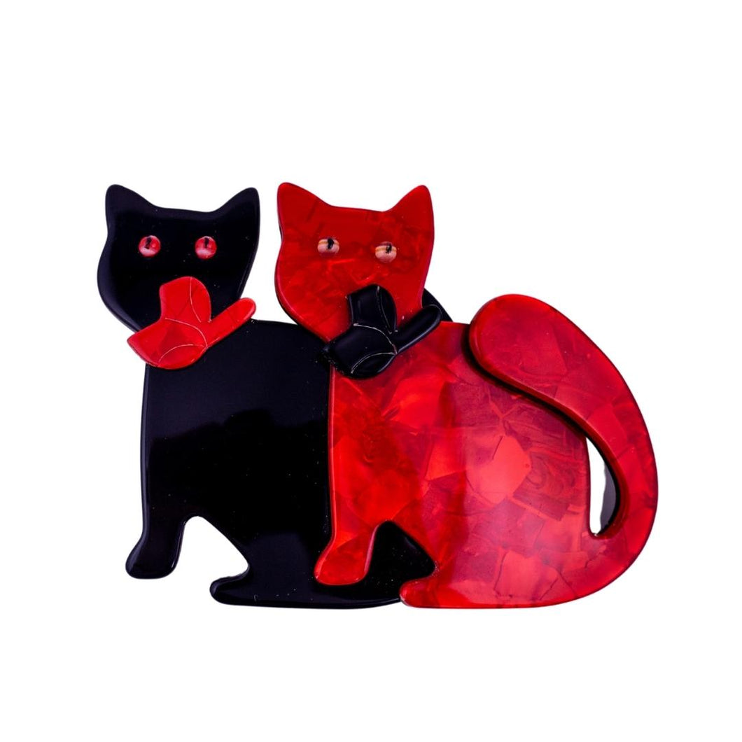 Lea Stein Double Watching Cat Brooch Pin - Red & Black