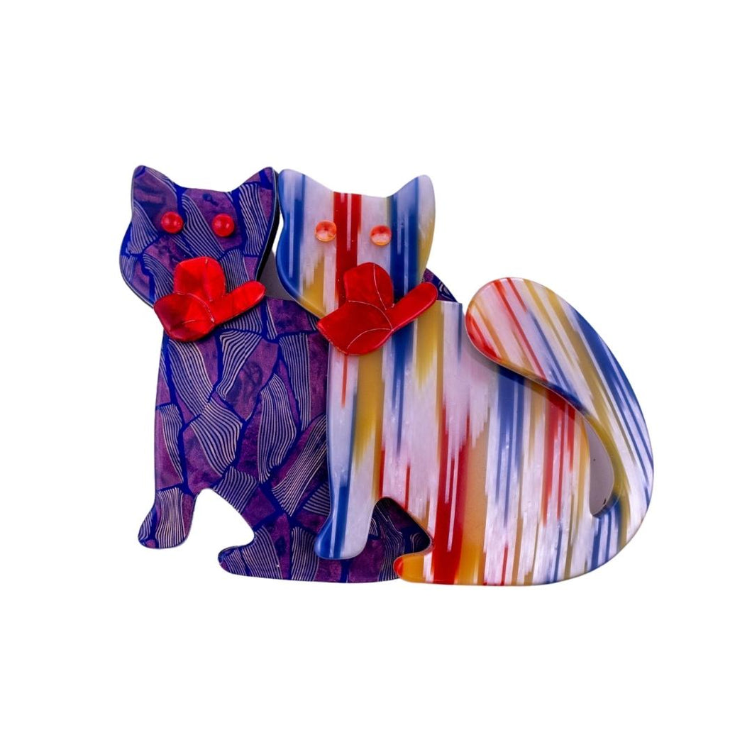 Lea Stein Double Watching Cat Brooch Pin - Purple, Blue & Multi Colour