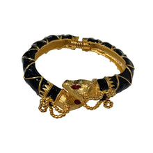 Load image into Gallery viewer, Signed Kenneth J Lane &quot;KJL&quot; Matte Gold Toned Black Enamel &amp; Red Ruby Crystal Rhinestone Rams Head Clamper Bangle