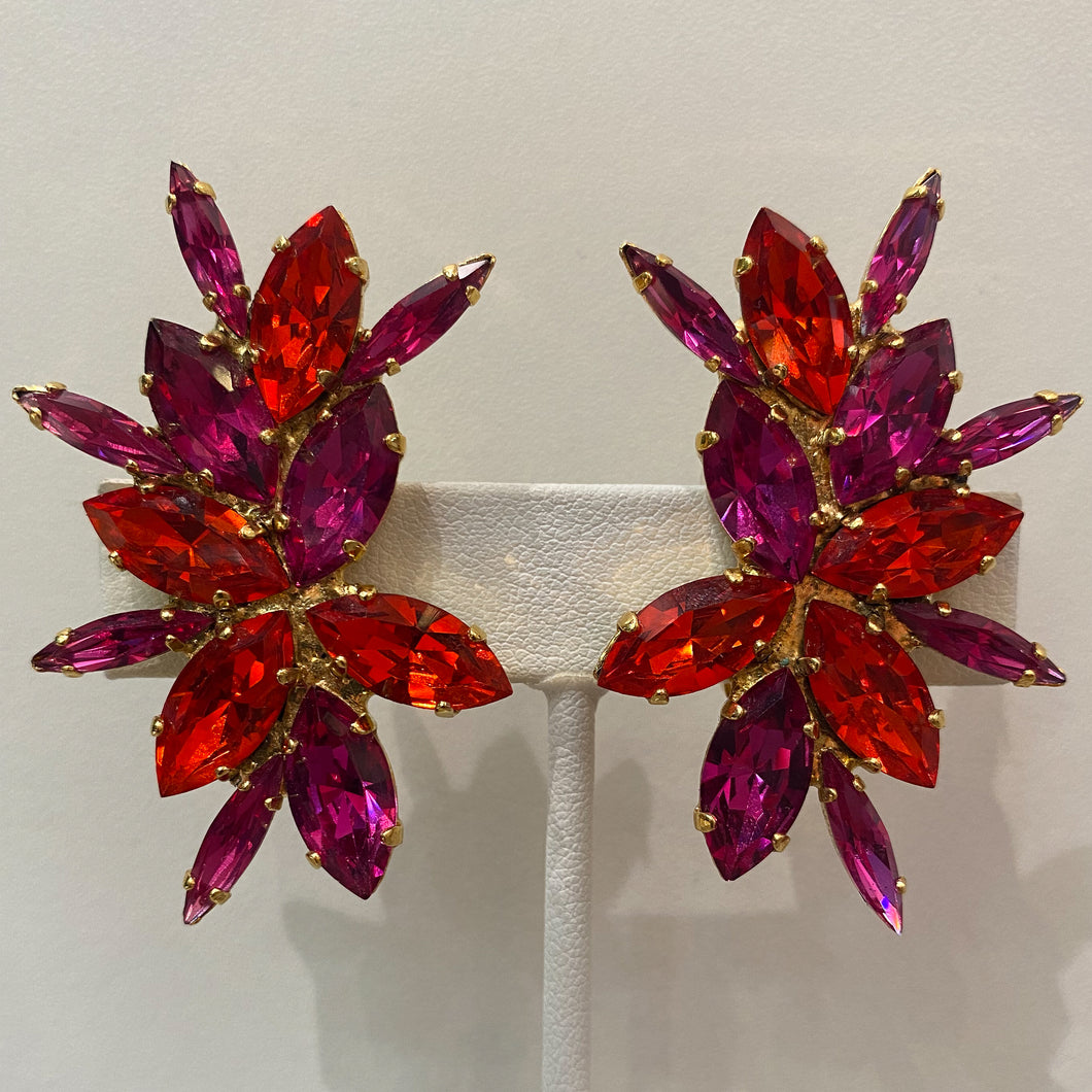 Harlequin Market Mustard Red & Purple Crystal Earrings (Clip-On)