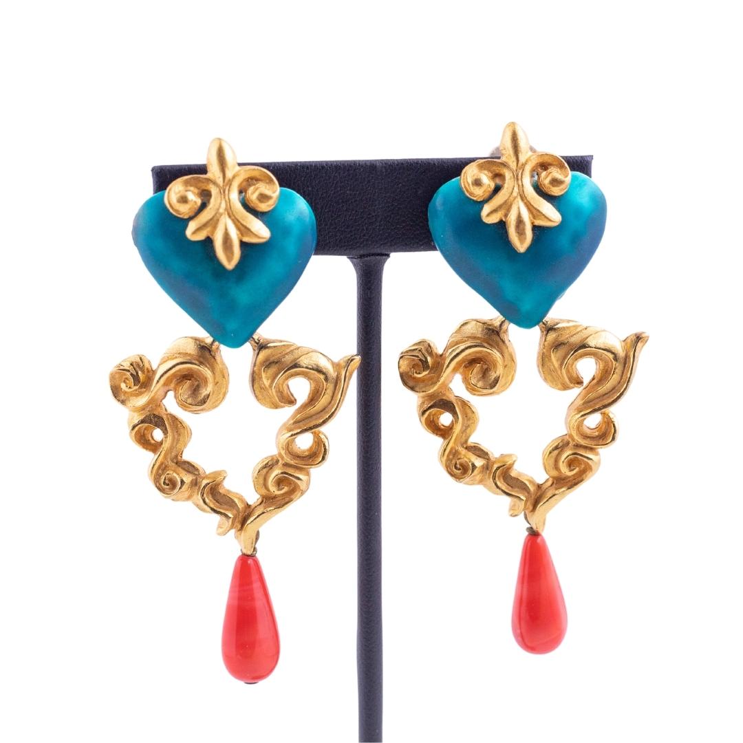 Vintage Signed Christian Lacroix Gold Plated Blue Heart & Coral Drop Earrings - (Clip-On)