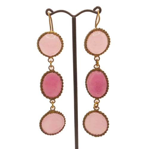 Two-Toned Pink Pate De Verre Three Drop Earrings