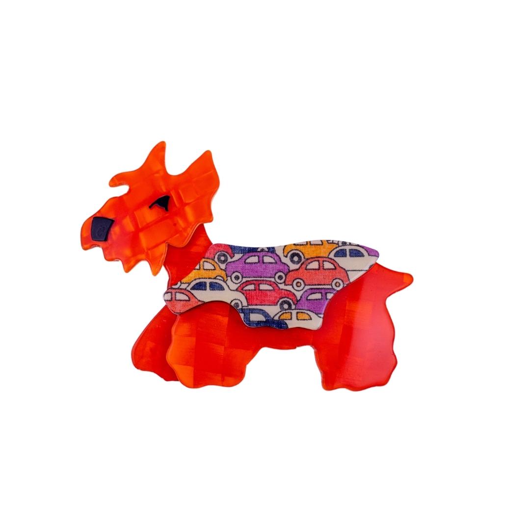 Lea Stein Kimdoo Dog Scottish Terrier Brooch - Orange & Multi Colour Car Pattern