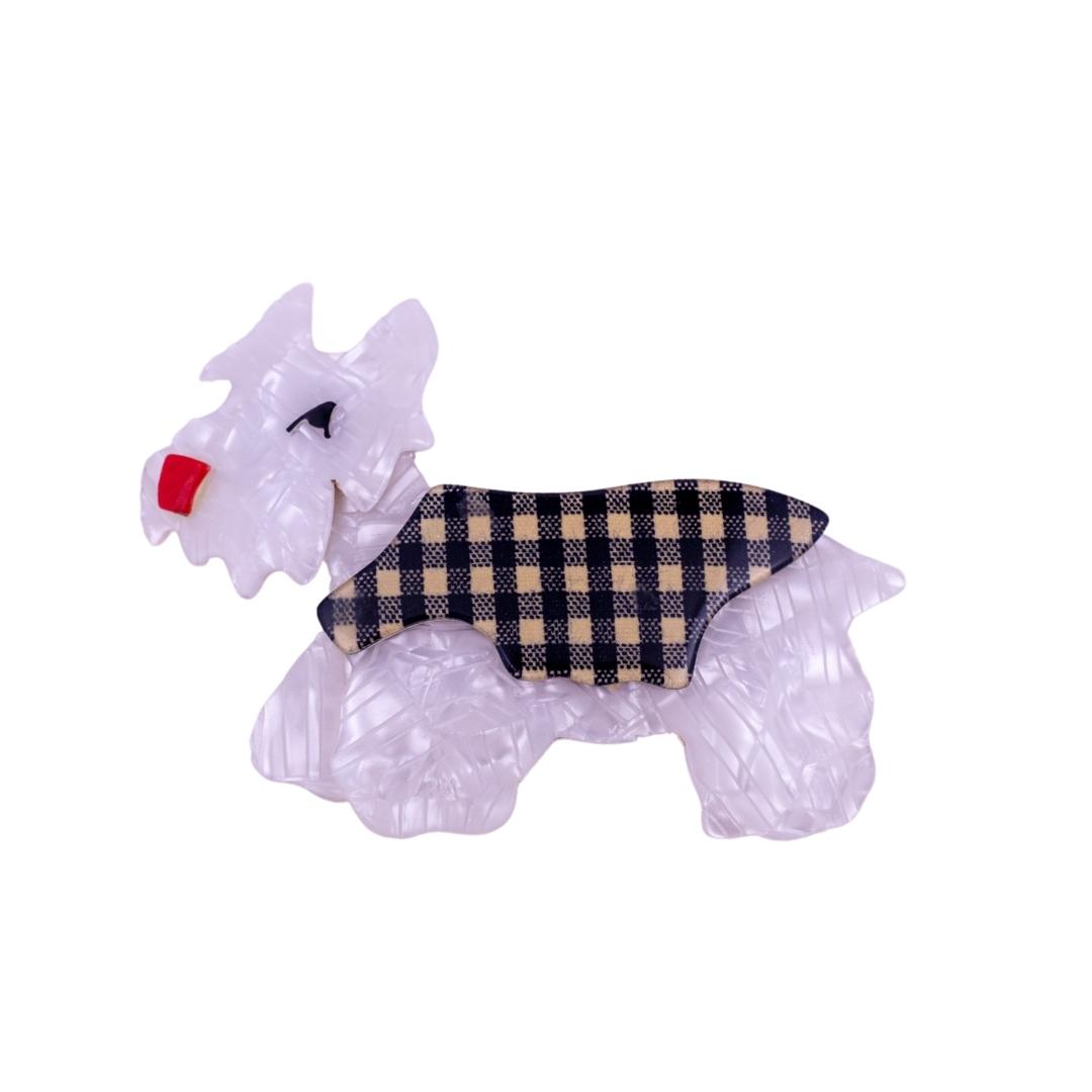 Lea Stein Kimdoo Dog Scottish Terrier Brooch - White with Black & Creme Checkered Pattern