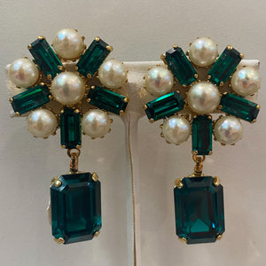 Harlequin Market Austrian Forest Green Crystal Earrings With Faux Pearl (Clip-On)
