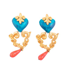 Load image into Gallery viewer, Vintage Signed Christian Lacroix Gold Plated Blue Heart &amp; Coral Drop Earrings - (Clip-On)
