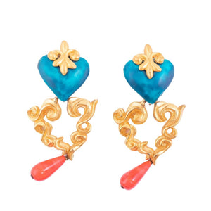 Vintage Signed Christian Lacroix Gold Plated Blue Heart & Coral Drop Earrings - (Clip-On)