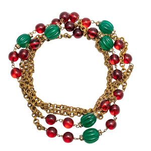 French Vintage Green & Red Glass Beads on Double Linked Brass Chain
