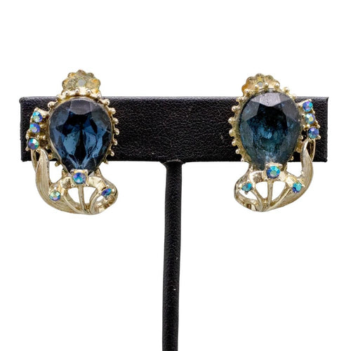 Vintage Blue Crystal Tear Drop Earrings- (Clip On)