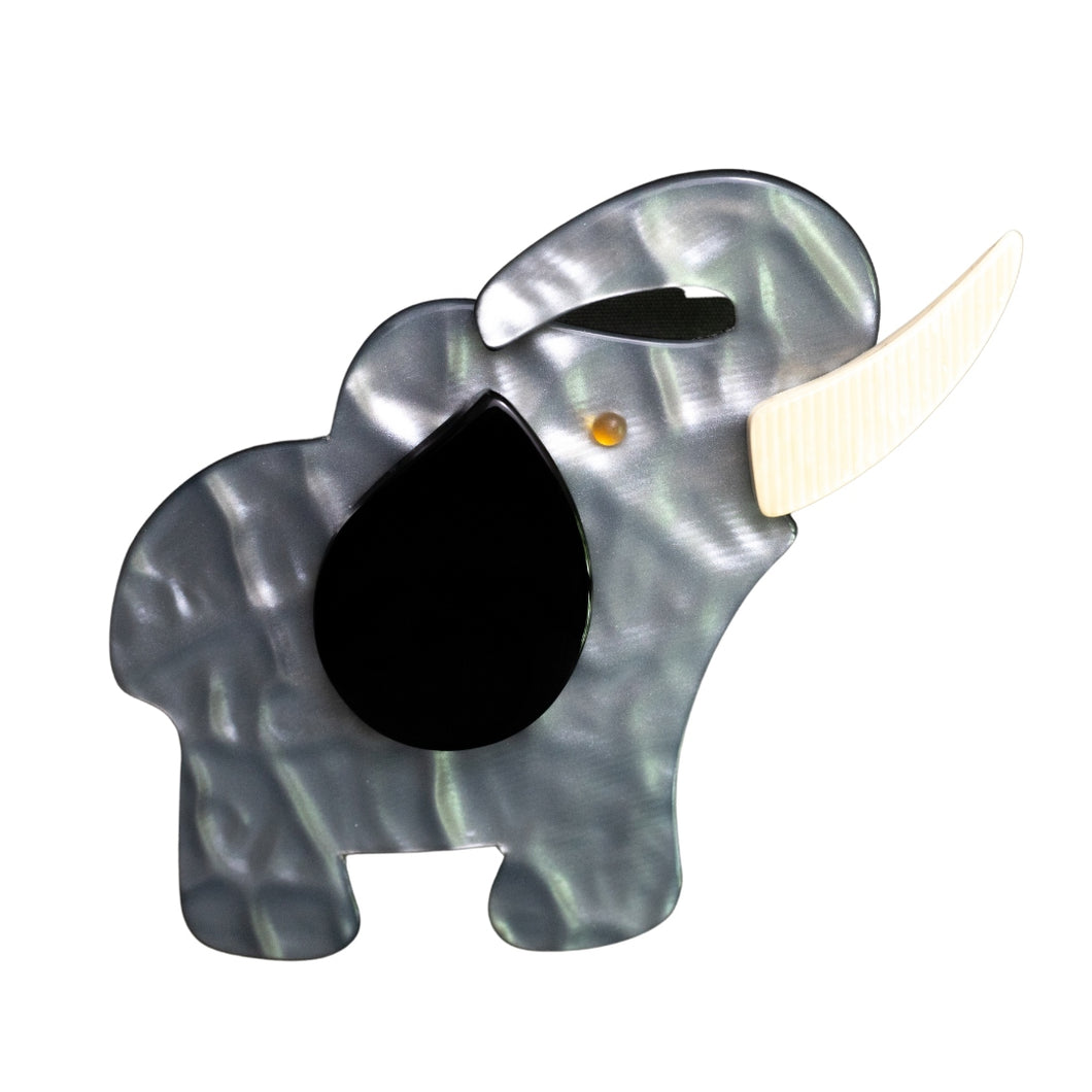 Lea Stein Elephant Pin Brooch - Grey & Cream