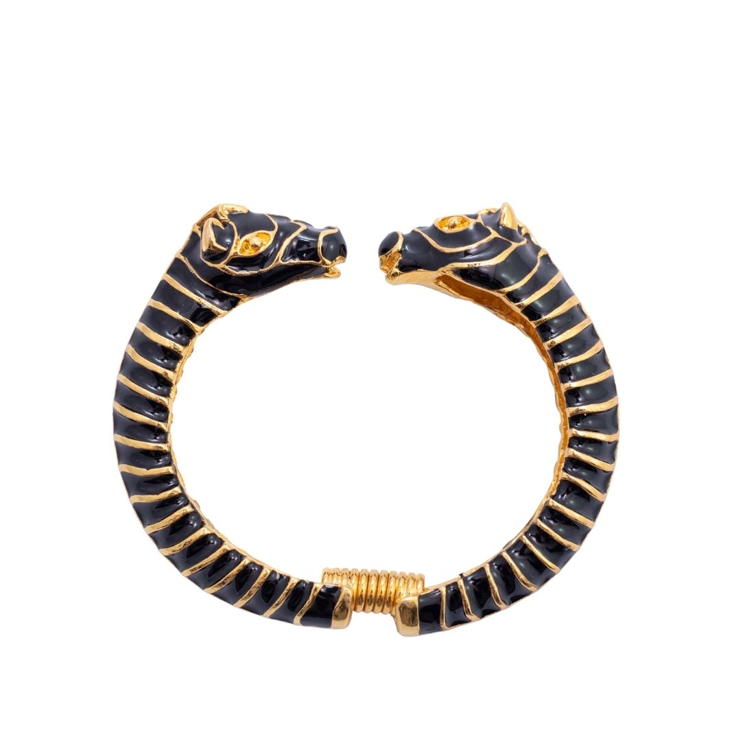 Signed Kenneth Jay Lane Gold & Black Double Zebra Head Bangle