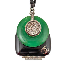 Load image into Gallery viewer, Signed CHANEL &#39;CC&#39; Deco Style Green &amp; Black Glass Pendant Necklace