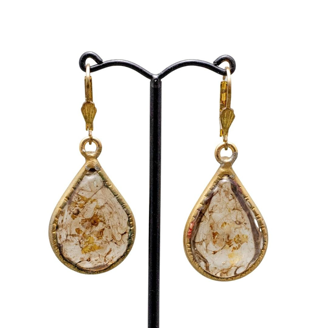 Unique French Pate De Verre (Hand Poured Glass) Gold & Clear Earrings (Pierced)