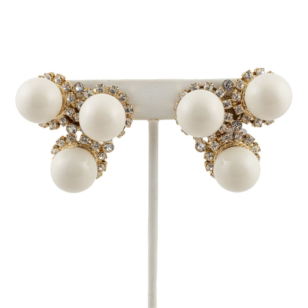White Ball & Silver Crystal Mini Cluster Earrings (Pierced)