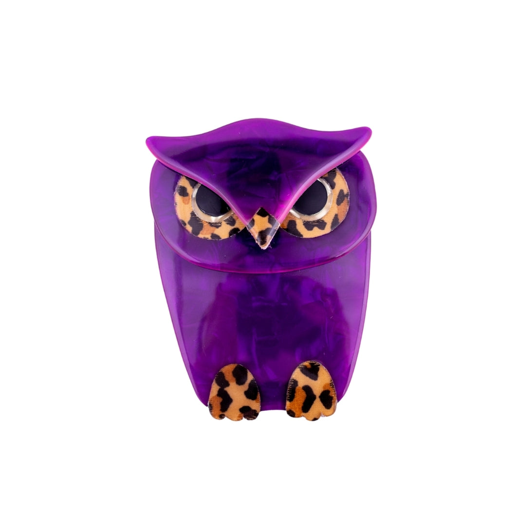 Lea Stein Signed Buba Owl Brooch Pin - Purple & Orange