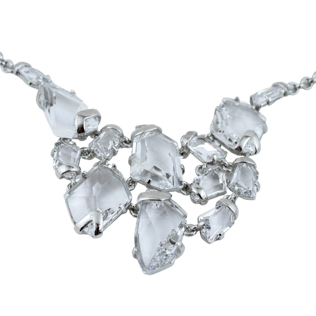 Signed Kenneth Jay Lane Silver Chunky Crystal Bib Necklace