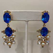 Load image into Gallery viewer, Harlequin Market Sapphire Blue &amp; Clear Crystal Drop &amp; Faux Pearl Earrings (Pierced)