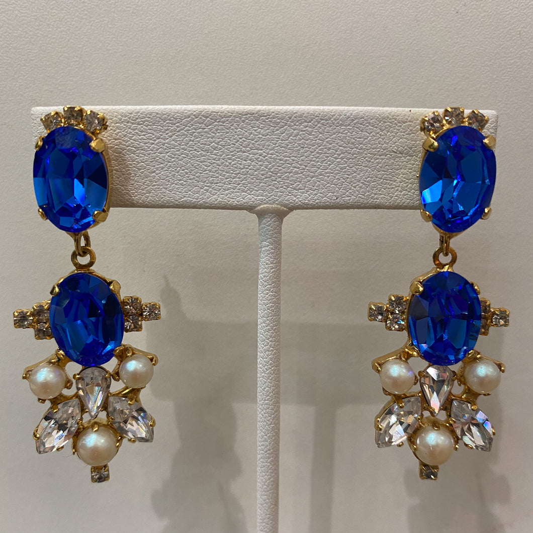 Harlequin Market Sapphire Blue & Clear Crystal Drop & Faux Pearl Earrings (Pierced)