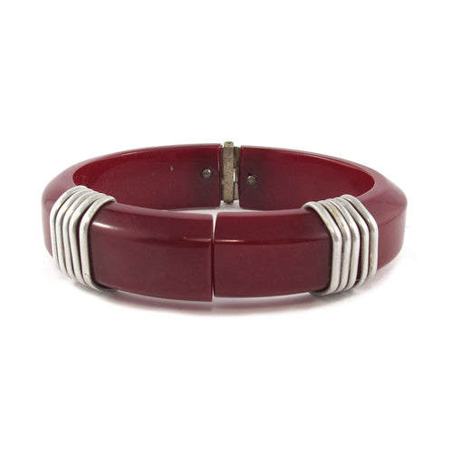 Vintage Bakelite and metal wired cuff c.1940's - Burgundy red