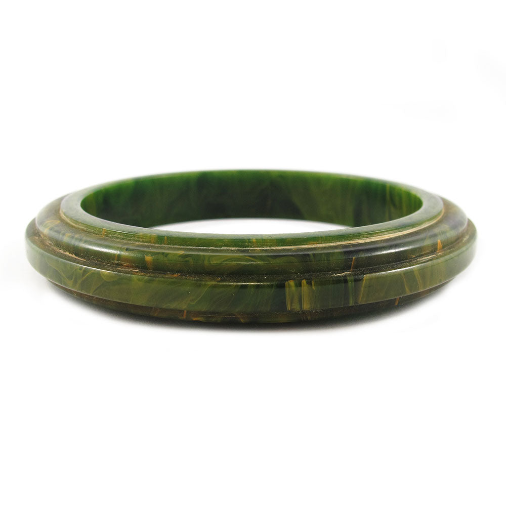 Vintage Deco style carved Bakelite bangle c.1950's - Dark green marble